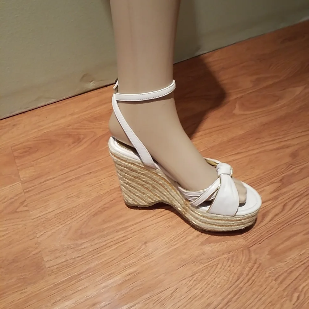 Nana White And Gold Wedge Heel Sandal With Wrap Around Ankle Strap 7